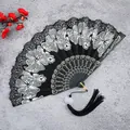 Ventaglio piegabile nero in stile cinese con motivi floreali e nappa nera elegante - Bianco con Nappa