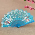 Elegant blue Chinese folding fan with peacock and floral pattern for dance and gifts - Sky Blue