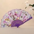 Elegant purple Chinese style folding fan with rose floral patterns for dance performances - Purple