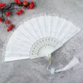 Elegante abanico plegable de encaje blanco con borla para fotos de estilo Lolita y Hanfu - Doble Capa Encaje Con Borla Grande / Blanco