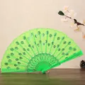 Chinesischer grüner Kunststoff-Faltfächer mit glitzernden Pailletten und hochwertige Stickerei - Grün