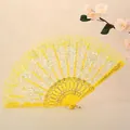 Eleganter gelber Fächer aus Spitze mit Rosenstickerei für Damen, perfekt für Hochzeiten - Gelb