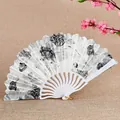 Elegant Chinese style folding hand fan with vintage black and white floral pattern - Off-White