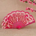Elegant hot pink peacock folding fan with plastic frame and lace pattern detail - Rose Red