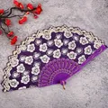 Purple folding hand fan with floral pattern, elegant Chinese style hanfu accessory for women. - Cherry Blossom Purple