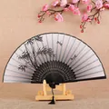 Chinese style folding fan with bamboo and dragonfly print, elegant black carved bones. - Style 3