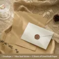 Set de papeterie vintage avec une enveloppe, un sceau de cire et trois papiers kraft. - Kraft Lined Writing Paper / 1 Enveloppe + 3 Feuilles de Papier + 1 Autocollant Sceau de Cire / Blanc