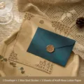 Juego de papelería retro con sobre de textura de árbol y papel de carta kraft rosa - Papel de carta rosa kraft / 1 Sobre + 3 Hojas de Papel + 1 Pegatina de Sello de Lacre / Verde Brillante