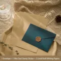 Set de papeterie rétro avec enveloppe bleu sarcelle et sceau de cire doré - Kraft Lined Writing Paper / 1 Enveloppe + 3 Feuilles de Papier + 1 Autocollant Sceau de Cire / Vert Éclatant