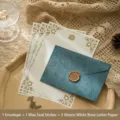 Set de papeterie vintage comprenant enveloppe turquoise, sceau en cire et papier rose - Papier à lettres rose blanc / 1 Enveloppe + 3 Feuilles de Papier + 1 Autocollant Sceau de Cire / Vert Brunâtre