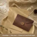 Ensemble de papeterie vintage avec enveloppe texture arbre, sceau et papier kraft - 1 Enveloppe + 3 Papiers Kraft Lignés + 1 Autocollant de Sceau / Café