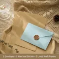 Set de papeterie vintage comprenant 1 enveloppe bleue et 3 feuilles kraft lignées - 1 Enveloppe + 3 Papiers Kraft Lignés + 1 Autocollant de Sceau / Bleu clair