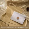 Set de papeterie vintage avec enveloppe argentée, papier kraft et sceau de cire - 1 Enveloppe + 3 Papiers Kraft Lignés + 1 Autocollant de Sceau / Mauve Clair