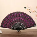Elegante abanico plegable negro para mujer con lentejuelas rosas y bordado brillante - Rosa rojo