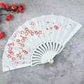 Exquisite white folding fan for ladies with delicate red and white floral pattern print - White