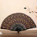 Elegante abanico plegable negro con bordado de lentejuelas y varillas de plástico. - Naranja