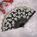 Vintage floral folding fan black lace hand fan for Chinese style qipao hanfu dance performance. - Black Cherry Blossom Fans