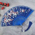 Elegant blue folding fan with white flower patterns and tassel - Royal Blue with Tassel