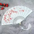 Elegant white folding fan with red flower patterns and tassel - White with Tassel