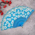 Blue folding fan Chinese ancient style Hanfu dance fan floral lace hand fan for women - Cherry Blossom Sky Blue