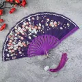 Elegant purple folding fan with white floral pattern and tassel - Purple with Tassel