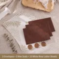 Retro envelope and letter paper set with brown envelopes and wax seals - 3 Envelopes + 10 White Rose Letter Sheets + 3 Wax Seals / Coffee