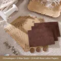 Vintage kraft letter paper and envelopes set with wax seal stickers - 3 Envelopes + 10 Kraft Rose Letter Sheets + 3 Wax Seals / Coffee