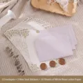 Vintage stationery set with 3 envelopes, 3 wax seals, and 10 rose pattern sheets - 3 Envelopes + 10 White Rose Letter Sheets + 3 Wax Seals / Light Purple