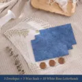 Retro writing stationery set with blue envelopes, wax seal stickers and flower letter papers - 3 Envelopes + 10 White Rose Letter Sheets + 3 Wax Seals / Deep Blue