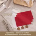 Red envelope set with 10 rose pattern sheets and 3 gold wax seal stickers - 3 Envelopes + 10 White Rose Letter Sheets + 3 Wax Seals / Bright Red