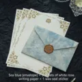 Vintage-Schreibset mit meeresblauem Umschlag, weißen Rosenbriefpapieren und Siegel - Seeblau 1 Umschlag + 3 Blätter Weißes Rosenpapier + 1 Wachssiegel