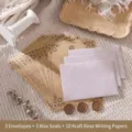 Vintage stationery set featuring 10 kraft rose letter sheets and 3 purple envelopes with seals - 3 Envelopes + 10 Kraft Rose Letter Sheets + 3 Wax Seals / Light Purple