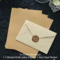 Vintage Schreibwaren-Set mit 1 beigen Umschlag 3 Kraftpapieren und 1 Bronzewachs-Siegel - Beige 1 Umschlag + 3 Blätter Kraft-Liniertes Papier + 1 Wachssiegel
