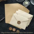 Vintage Briefpapier-Set: 3 geprägte Umschläge, 10 Kraftblätter, 3 Wachssiegel. - Beige 3 Umschläge + 10 Blätter Kraft-Liniertes Papier + 3 Wachssiegel