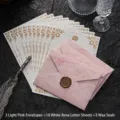 SKU: Set mit 3 rosa Marmorumschlägen, 10 Rosenbriefpapieren und 3 Wachssiegeln. - 3 Umschläge + 10 Weiße Rosen Briefpapiere + 3 Siegellack Aufkleber / Hellrosa