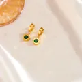 Macro view of gold stainless steel hoop earrings with green gemstone and Roman numerals - Green Rhinestone Roman Earrings (G203)