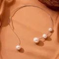Minimalist stainless steel open choker necklace featuring three elegant white pearls - Steel Color Stainless Steel Pearl Tassels