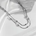 Double-layered stainless steel snake chain necklace with polished beads in silver tone - Silver Double Layer Oval Bead / O309 Steel Color