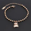 Rose gold titanium steel bead bracelet featuring a shell bear and engraved heart charm - White Shell Bear Rose Gold Anklet (C702)