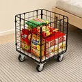 Black metal wire rolling storage basket cart with snacks inside on carpet - Storage Basket Set / 5 Panels + 4 Wheels + 1 Tie / Black