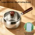 Stainless steel milk pot set with wooden handle and mini cutting board - Set of 2 - 14cm Pot With Lid And Cutting Board With Knife