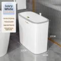 Modern ivory white slim trash can for bathroom, size 32x16x27cm, press-to-open lid - Push-to-Open Lid / Ivory