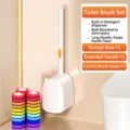 Wall-mounted disposable toilet brush set including 7 colorful refill heads for bathroom - 1 Base + 1 Handle + 7 Brush Heads / White Pet Style