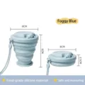 Haze blue collapsible silicone travel cup showing its expanded and folded dimensions - Blue
