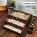 3-layer walnut grain jewelry box in transparent grey finish, 22cm width large capacity - 3-in-1 and 6 Grids Style (Empty Tray) / Walnut Color