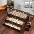 3-layer walnut pattern jewelry box in translucent grey with 24 compartments - 18 Grids and 6 Grids Style (Empty Tray) / Walnut Color