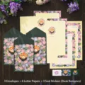 Cute red panda and morning glory floral stationery set including envelopes and paper - Dusk Evening Primrose / 3 Envelopes 6 Papers 3 Stickers