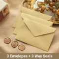 Juego de 3 sobres vintage con textura de lino y 3 pegatinas de sello de cera doradas retro - Solo Sobre / 3 Sobres de Lino Amarillos + 3 Sellos de Lacre / Amarillo