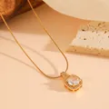 Elegant gold-tone stainless steel snake chain necklace with hexagonal CZ crystal pendant - Gold White Zircon Necklace