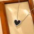 Elegant heart pendant necklace crafted from titanium steel with a striking black shell inlay - Necklace (K201)